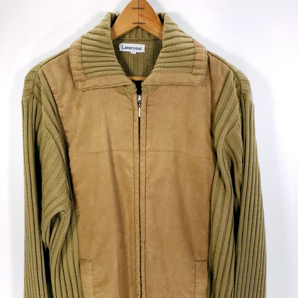 Vtg Lanerossi Sweater Jacket Men's Large Faux Suede Ribbed Zip Front Grunge